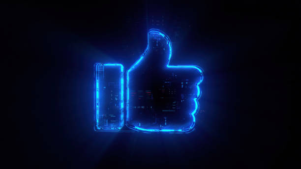 Digital like icon hologram on future tech background. Productivity and rating evolution. Futuristic thumbs up icon in world of technological progress and innovation. CGI 3D render