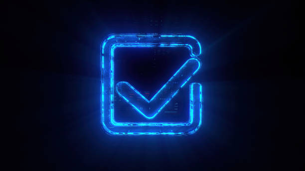 istock Digital check mark icon hologram on future tech background. Productivity and rating evolution. Futuristic checkmark icon in world of technological progress and innovation. CGI 3D render 1777875766