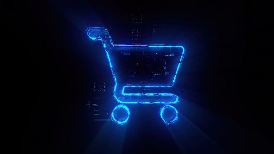 Digital cart icon hologram on future tech background. Online shopping evolution. Futuristic shopping cart icon in world of technological progress and innovation. CGI 3D render