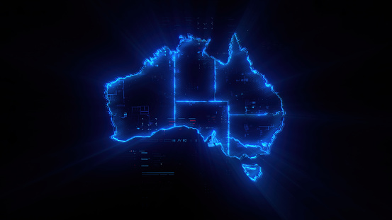 Digital Australia map hologram on future tech background. Global communication and finance background. Futuristic Australia map in world of technological progress and innovation. CGI 3D render