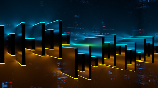 Abstract trading chart with big data and infographics. 3D Fintech concept background with glowing candle chart