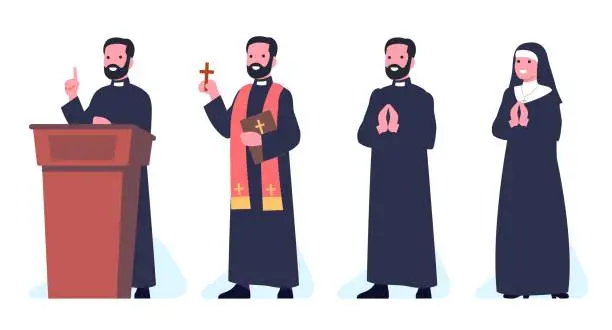 Vector illustration of Catholic Christian staff. Male priest and female nun in uniform. Pastor at tribune. Preacher standing with Bible. Christianity abbey. Happy votaress praying in church. Vector concept