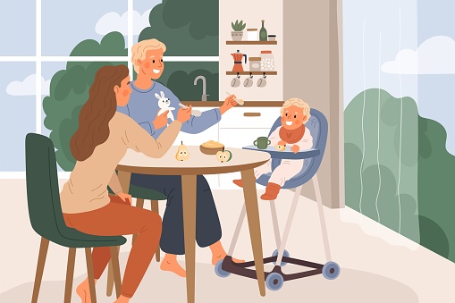 Cute parents with child at table. Mother and father feeding baby in kitchen. Happy young family having breakfast with toddler. Happy dad and mother. Feed chair. Porridge eating. Garish vector concept
