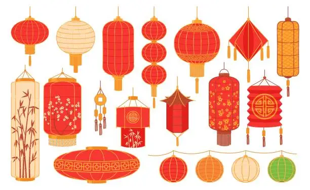 Vector illustration of Chinese red lanterns. Traditional Asian festive elements. Decorative Japanese suspended objects made of rice paper. Lamps shapes. Floral ornament. Oriental lighting. Recent vector set