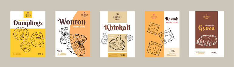 Collection food design for branding package, cover, poster. Set background template with various dumplings in retro hand drawn style. Vector illustration.