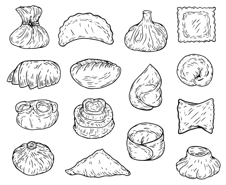 Set hand drawn illustration wonton, dumpling, khinkali, ravioli, gyoza, maultaschen, baozi, khanum, kurze, tortellini, dim sum, mandu, manti, kreplach. Collection vector food in sketch style.