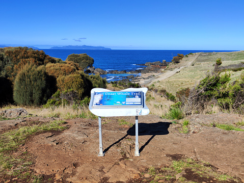 East coast whale trail information sign at tiny Spiky beach, Tasmania.