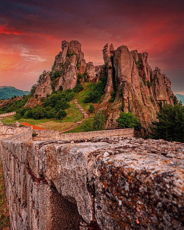 A scenic landscape of the Belogradchik Rocks in Bulgaria with impressive rock formations