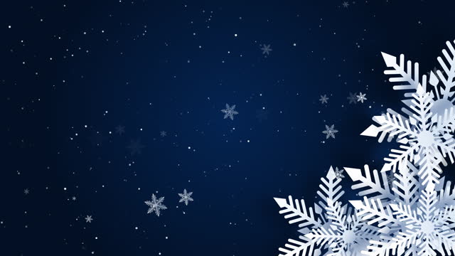 White Christmas paper cut 3d snowflakes with shadow on dark blue background. New year and Christmas design elements. Loop animation.