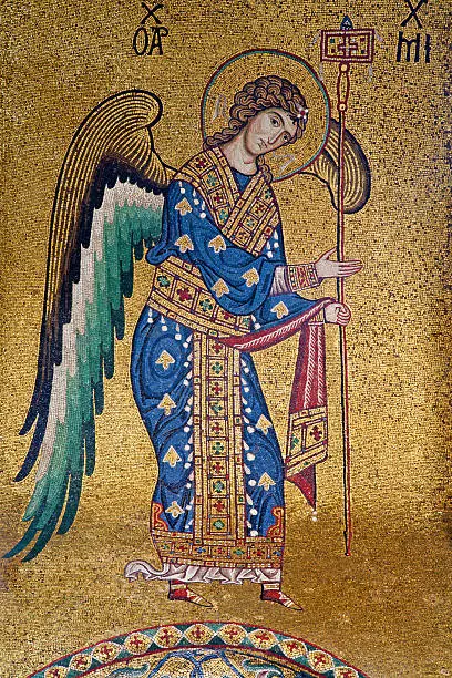 Palermo - Mosaic of Archangel Michael from Church of Santa Maria dell' Ammiraglio or La Martorana from 12. cent. on April 8, 2013 in Palermo, Italy.