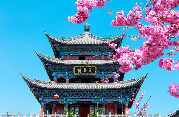 istock Japanese pavilion with cherry blossoms and blue sky 177790969