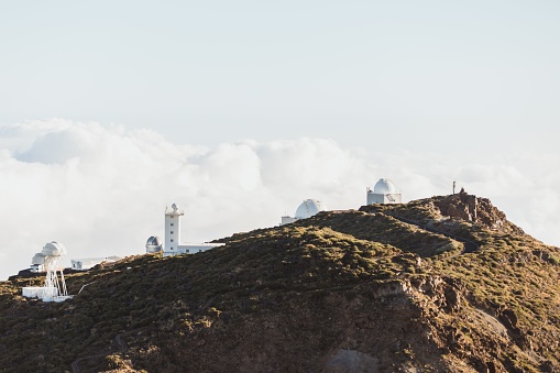 A picturesque scene of the telescopes of Roque de los Muchachos Observatory. La Palma, Spain