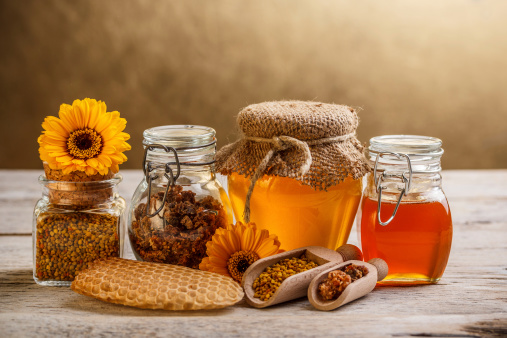Various types of honey and bee products
