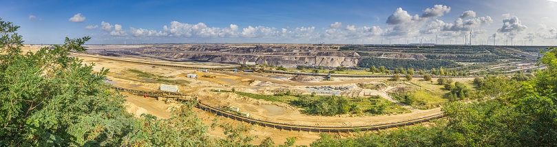 Panoramic image of the Garzweiler opencast coal mine in Germany during the day