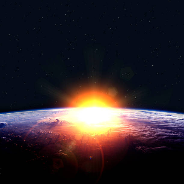 terra con sole che sorge. - judgement day earth space ozone layer foto e immagini stock