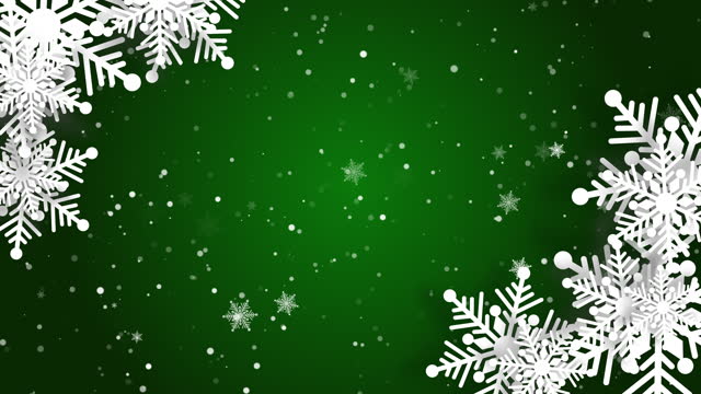Merry Christmas frame with decorated snowflake paper cut green background. Origami technique. Looped motion graphics.