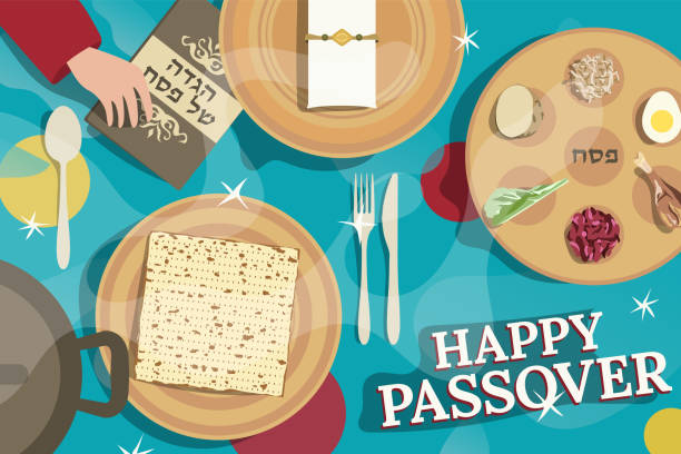 ilustraciones, imágenes clip art, dibujos animados e iconos de stock de la mesa de la cena está preparada especialmente para la feliz pascua - passover seder judaism afikoman