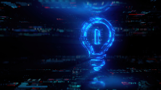 Digital light bulb icon hologram on future tech background. New ideas evolution. Futuristic light icon in world of technological progress and innovation. CGI 3D render