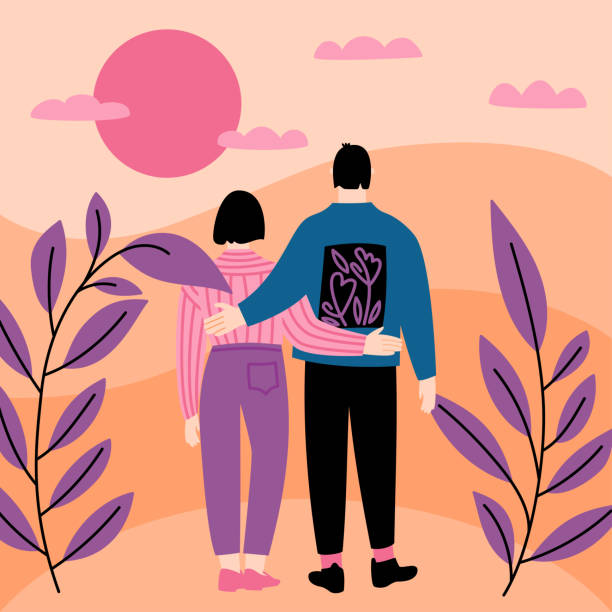 ilustraciones, imágenes clip art, dibujos animados e iconos de stock de pareja viendo la puesta de sol - love romance cartoon heterosexual couple