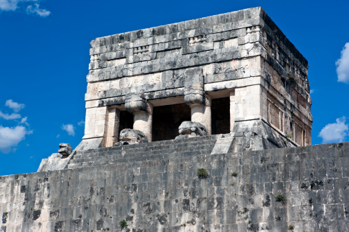 The front architecture details of Ball court in Chichen Itza. Yucatan, Mexico.