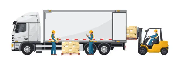 Vector illustration of Workers loading a container truck with a forklift with a pallet of stacked boxes. Forklift driving safety. Cargo and shipping logistics. Industrial storage and distribution of products