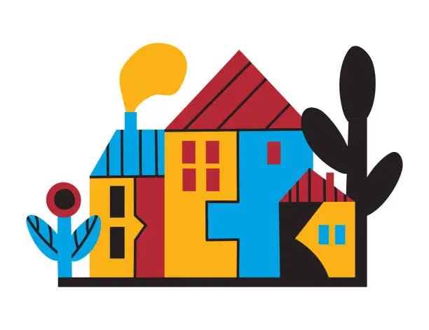 Vector illustration of The little houses among the huge plants
