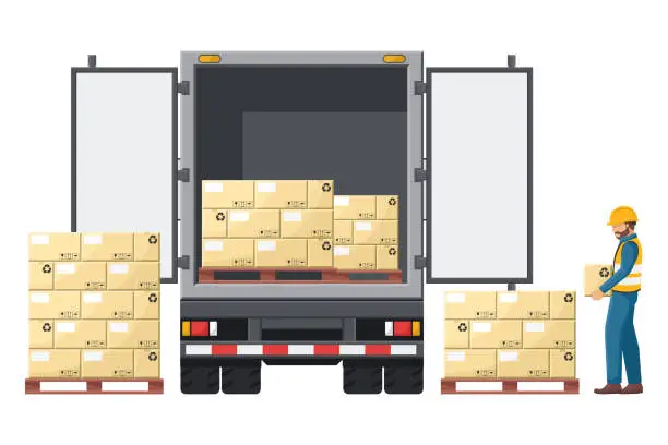 Vector illustration of Industrial worker loading boxes into a Isothermal, efrigerated truck for the transportation of perishable foods. Cargo and shipping logistics. Industrial storage and distribution of products