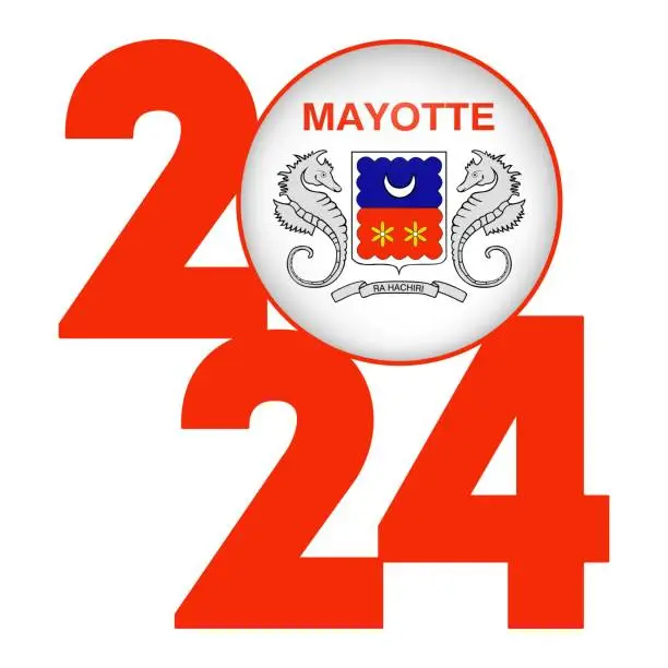 Vector illustration of Happy New Year 2024 banner with Mayotte flag inside. Vector illustration.