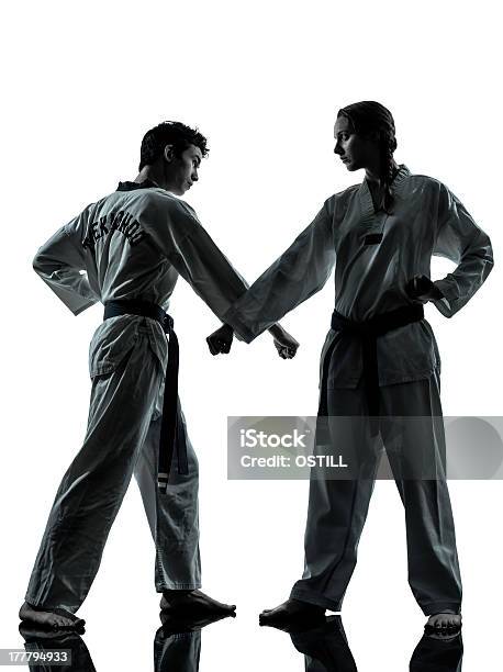 Karate Taekwondo Martial Arts Man Woman Couple Silhouette Stock Photo - Download Image Now