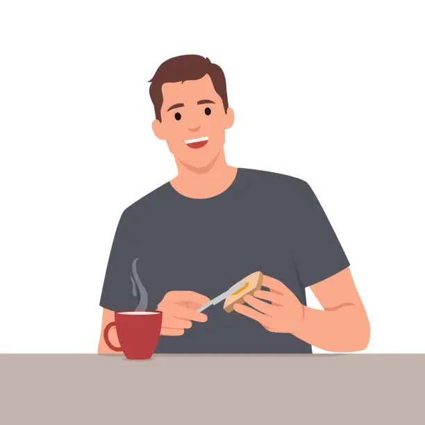 Vector illustration of Young thoughtful smiling pensive man boy character making toast spreading butter on bread at breakfast lunch dinner at home kitchen.