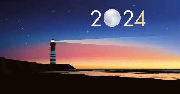 Vector illustration of Greeting card 2024 with the concept of the lighthouse serving as a landmark illuminating the twilight.