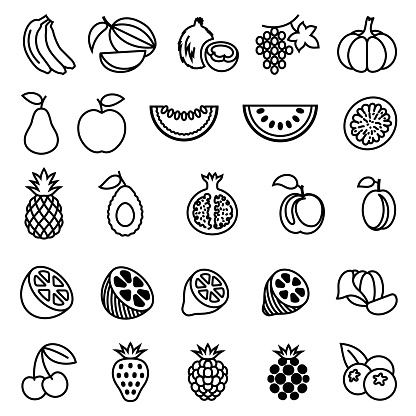 Single color isolated outline icons representing common edible fruits