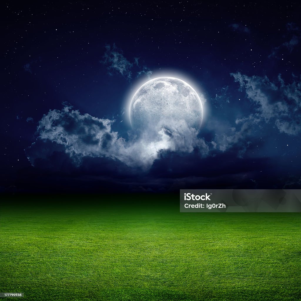 Night, green field "Night view of green grass field. Dark sky with white clouds, moon and stars. Elements of this image furnished by NASA" Beauty In Nature Stock Photo