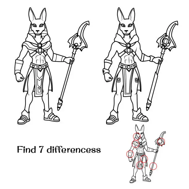 Vector illustration of Ancient Egyptian god Anubis. Find 7 differences.