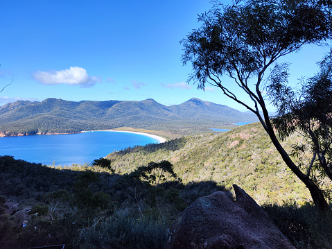 Beautiful Wineglass Bay, part of the Freycinet Peninsula, an outcrop of wild, pristine coast land on Tasmania's east coast. It is part of Freycinet National Park.
