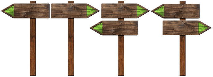 Collection of empty wooden directional signs (green arrows) with pole and copy space, isolated on white background. 3D illustration.