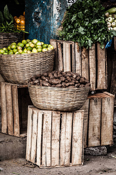 frutas e legumes em um mercado de agricultores - asparagus vegetable market basket - fotografias e filmes do acervo