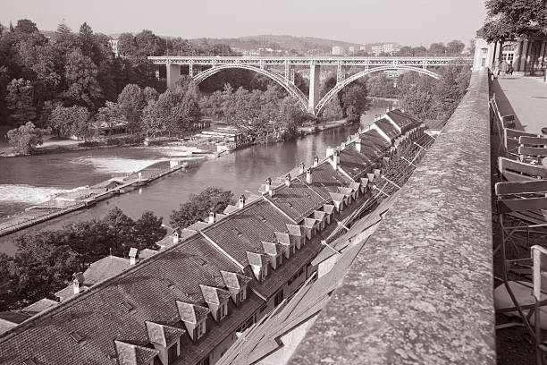 Cathedral Park with Viaduct Bridge in Bern; Switzerland; Europe in Black and White Sepia Tone