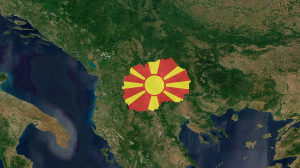 исследователь северной македонии: флаг карты идентификации стран - satellite view topography aerial view mid air стоковые фото и изображения