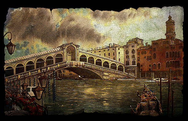ilustraciones, imágenes clip art, dibujos animados e iconos de stock de vista del puente de rialto en venecia - venice italy ancient architecture creativity