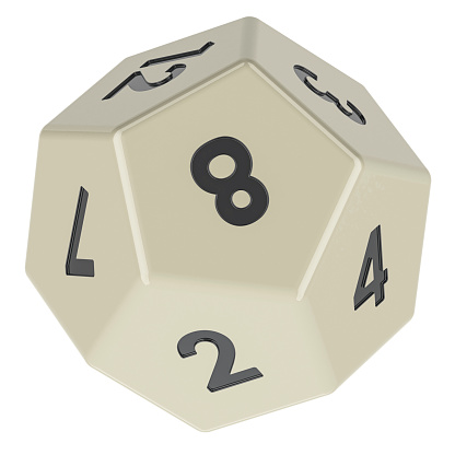 White 12 sided die, dodecahedron dice, 3D rendering isolated on white background