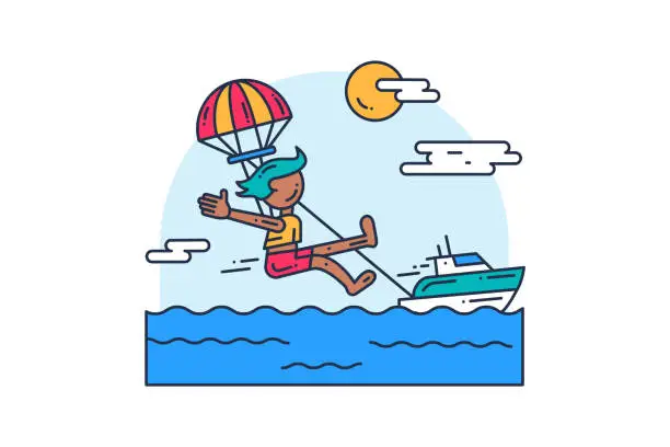 Vector illustration of Parasailing Sport Flat Stroked Illustration