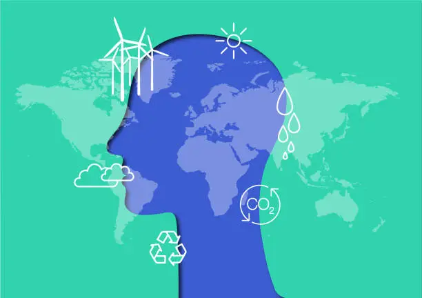 Vector illustration of World map and human with recycling symbol. Combating climate change.