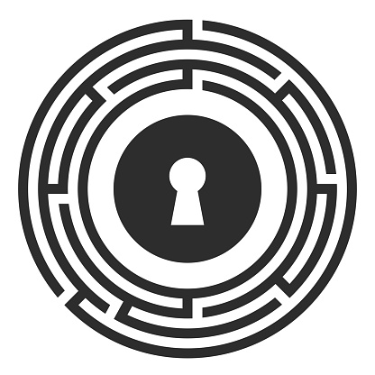 Quest vector icon with circular labyrinth on white background