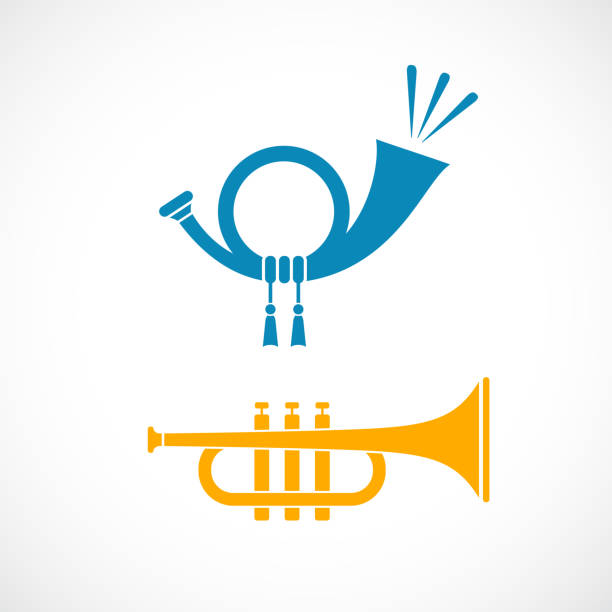 ilustraciones, imágenes clip art, dibujos animados e iconos de stock de iconos de instrumentos musicales de trompeta y trompeta - bugle trumpet jazz music