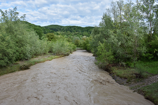 Bizdidel river seen from Diaconesti village bridge, Dambovita, Romania, 2021, spring. Muddy river waters