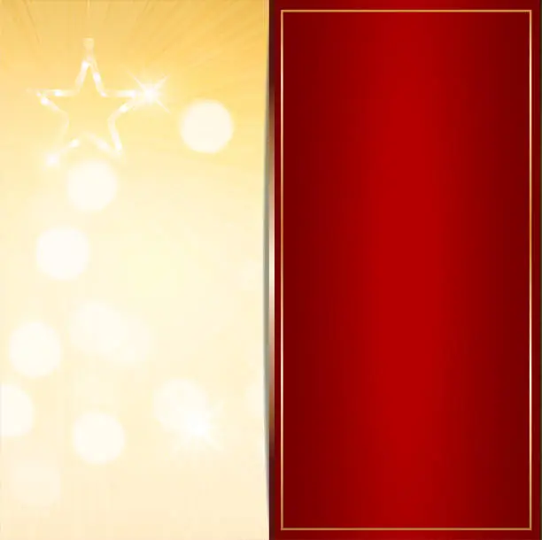 Vector illustration of Shining glittery golden beige and maroon red coloured empty blank festive celebrations vector backgrounds partitioned into two parts with a dividing line with bokeh lights, star and copy space