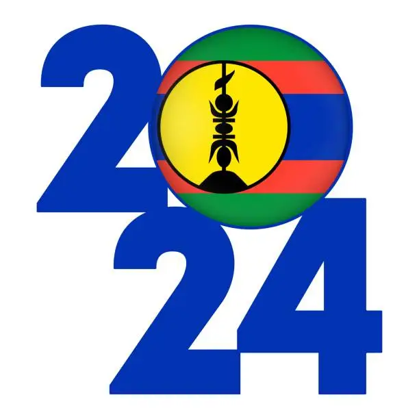 Vector illustration of Happy New Year 2024 banner with New Caledonia flag inside. Vector illustration.