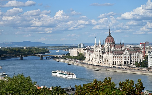 Exterior shot of the Hungarian Parliament Building, with a breathtaking view of the Danube River and clear blue sky in the background