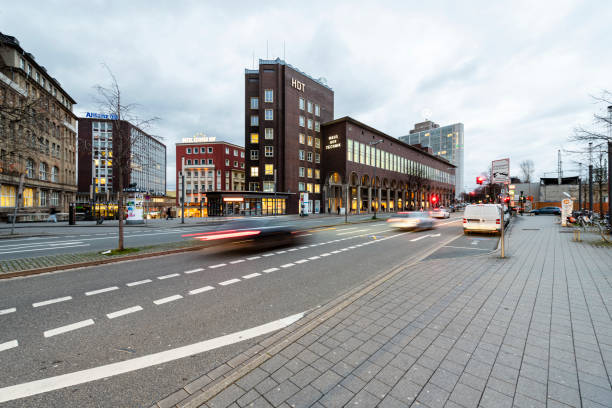 Essen, Germany - January 24, 2018: City view of the town of Essen with Germany's oldest independent technical training institute, Haus der Technik HDT, at dusk.